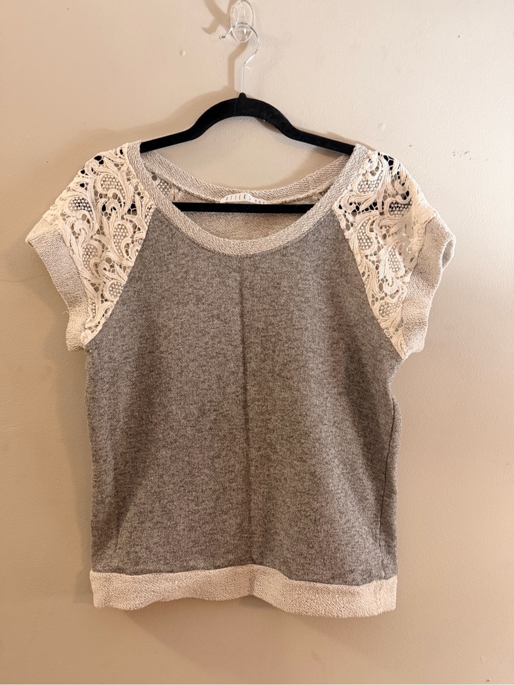 Potter's Pot Gray Tee with White Lace Shoulders